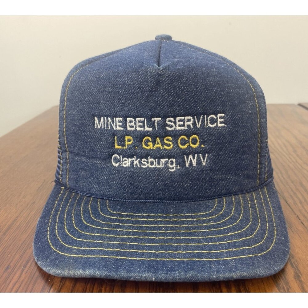 Vtg Denim Snap Back Trucker Hat Cap 80s West Virginia LP Gas Co  Orange Stitch